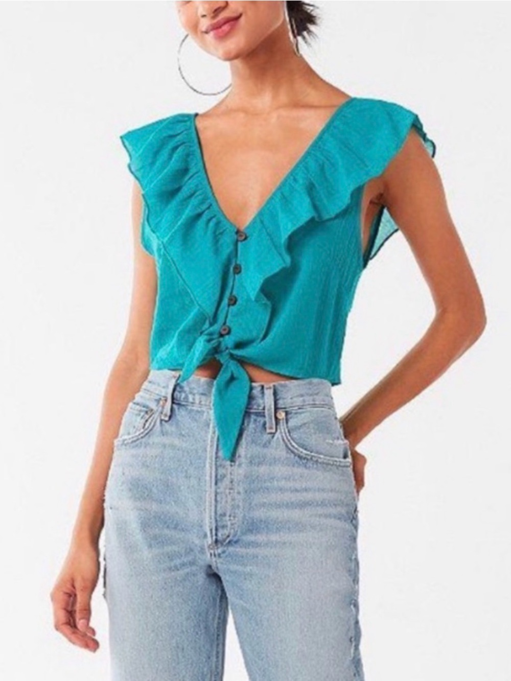 Urban Outfitters Mari Cropped Ruffle Blouse in Blue